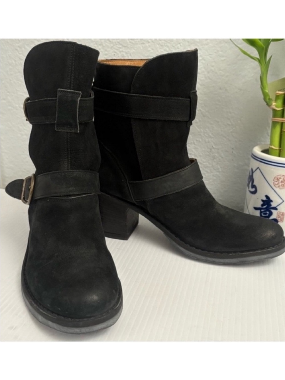 Fiorentini + Baker Black Suede Ankle Boots with Buckle Straps Size 39